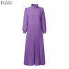 Women's Elegant Chic Maxi Dresses Turtleneck Lantern Sleeves Belted High Waist Pleated Long Dress Korean Style Robe Femme