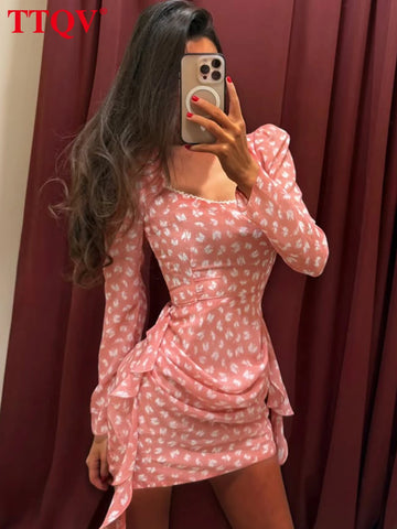 Slim Print Women's Dress Sexy Square Collar Long Sleeve Mini Dresses Elegant Classic Lace-Up Female Dress