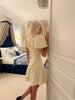 Vintage Sexy Deep V Puff Sleeve Button Ribbed Mini Dress High Waist Cinched Waist A Line Flared Dresses Sweet Casual Date Women