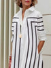 Urban Women Lapel Shirts Dress Office Ladies Long Sleeves Striped Printed Buttoned H-line Midi Dresses