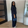 Chic Solid Stand Neck Blazer Jacket Pant Set Women Full Sleeve Shoulder Pads Coat Wide Leg Pants Autumn Commute Outfit