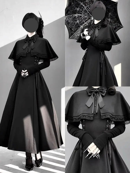Gothic Y2K Lace Patchwork Black Midi Dress Women Japanese Splicing Lace Up Long Dress Sweet Lolita Bow Witch Anna Vestidos Mujer