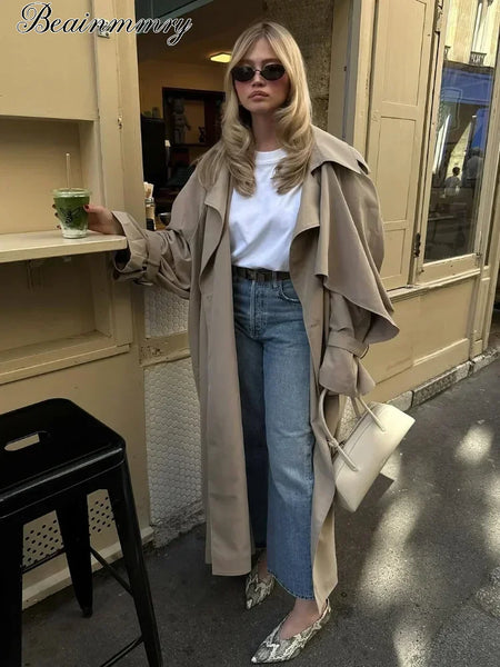 Solid Lace Up Long Trench Coat Women Full Sleeve Lapel Single Breasted Loose Outerwear Chic Lady Autumn Street Windbreak