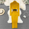 Elegant Turtleneck Long Sleeve Knit Soft Tight Pencil Dress with Belt Slim Warm Sweater Vestido Sexy Women Winter Robe