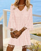 Women V Neck Tassel Hem Mini Dress With Flare Bell Sleeves And Textured Swiss Dot Design