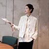 Retro Chinese Style Navy Blue Velvet Jacket, Women's French Chic Shirt Collar Blazer Elegant Business Tops J014