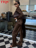 Loose Brown Satin Women's Two Pieces Set Elegant Long Sleeve Shirt With High Waist Wide Pants Set FemalaCla