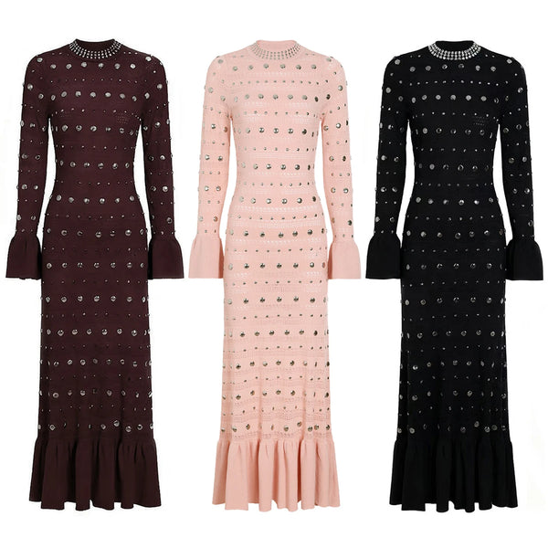 Spring And Autumn Elastic Knitted Round Neck Slim Fit Metal Sheet Long Sleeved Women's Dress