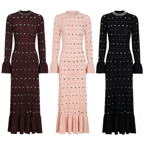 Spring And Autumn Elastic Knitted Round Neck Slim Fit Metal Sheet Long Sleeved Women's Dress