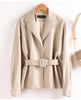 Women Split Leather Blazer With Slim Waist Belt Spring Autumn Notched Collar Loose Leather Jacket Female Coat