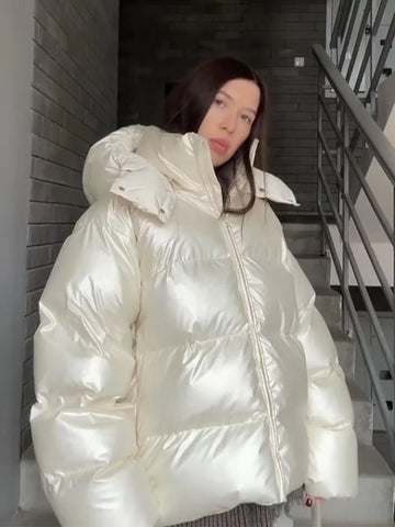 Shiny Hooded Cotton Jacket For Women Solid Long Sleeve Zipper Pockets Coats Lady Winter Street Warm Chic Outerwear