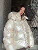 Shiny Hooded Cotton Jacket For Women Solid Long Sleeve Zipper Pockets Coats Lady Winter Street Warm Chic Outerwear