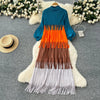 Tassel Patchwok Color Block Dress for Women Pleated Puff Sleeve Mid-calf Dresses Female Autumn