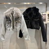Real Fur Denim Jacket Women Autumn Fried Street Style Natural Fox Fur Collar + Rabbit Fur Liner Warm Rivet Short Jean Coat