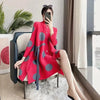 Sanzhai Pleated Ladies Windbreaker Coat Spring Autumn Single Breasted Stand Neck Printed Jacket Women Thin Long Outwear 4XL