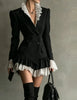 Women Black Double Breasted Blazer Dress Lace Ruffle Collar Cuffs Hem Peplum Slim Coat For Cocktail Party Elegant Evening Wear