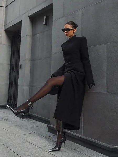 Black Tailored Long Coat Women Elegant Asymmetric Button Front Pockets Full Sleeve Criss-cross Neck Jacket Casual Outerwear