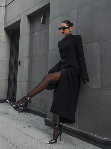 Black Tailored Long Coat Women Elegant Asymmetric Button Front Pockets Full Sleeve Criss-cross Neck Jacket Casual Outerwear