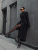 Black Tailored Long Coat Women Elegant Asymmetric Button Front Pockets Full Sleeve Criss-cross Neck Jacket Casual Outerwear