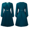 Elegant Dresses Woman V Neck Full Sleeve Pleated Mid Calf Belt Waisted African Female Birthday Party Dress