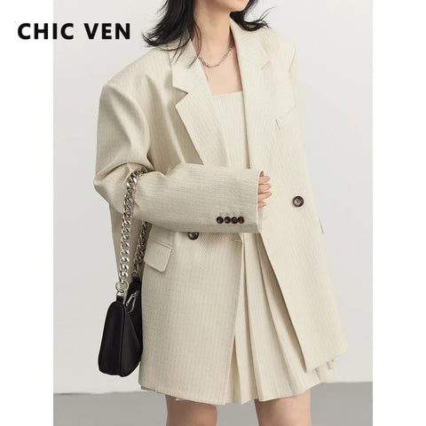 Women Blazers Loose Texture Twill Suit Coat Office Ladies Double-breasted Overcoat Female Jacket Spring Autumn
