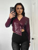 Faux Leather Single Button Crop Jacket Women Autumn Cross Neck Full Sleeve Wild Style Classic Streetwear Coat