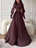 Round Neck Flared Long-Sleeve Long Gown for Women, High-Waisted with Ruffled Hem, Flowing and Elegant Floor-Length Party Evening Dress