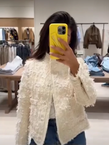 Women Tweed Jacket Stand Collar Fringe Tassel Textured Fabric Zip‑up Long Sleeve Pockets Cropped Coat Elegant Lady Outerwear