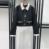 Women's A-Line Short Dress, Wide Leg Pants or Contrasting Collar Long Sleeve Coat Top Black Tweed Gold Buckle Set+Short Robe