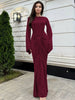 Autumn Elegant O-Neck Long Flare Sleeve Ruched Slim Fit Ribbon Long Dress Women'S Solid Casual Party Club Outfit
