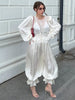 Women Pant Set Satin Lace Round Neck Puff Long Sleeve Button Front Drawstring Waist Blouse Cuffed Ruffle Hem Pants Elegant Suit