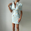 Elegant Women's Printed Buttons Short Dress Waist Cinched Shoulder Pads High Collar Dresses Autumn Lady Holiday Party Robes