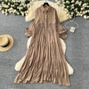 Spring Vintage Loose Dresses Women Lantern Sleeve Turn-down Collar Solid Single Breasted Casual Folds Long Dress