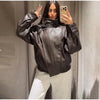 Stand Collar Leather Bomber Jacket For Women Spring Autumn Pockets Motorcycle Jacket Street Y2K Lady Bike Outerwear