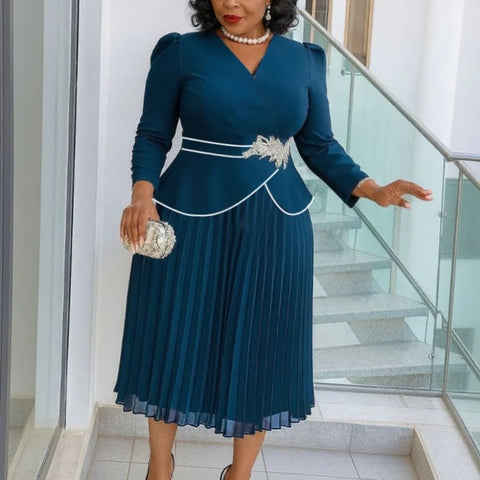 Elegant Church Dresses A Line Pleated V Neck Long Sleeves 3D Flower Peplum Office Ladies Wedding Guest Party Outfit Curve
