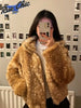 Brown Deer Print Faux Fur Coat Women Y2k Zip‑up Full Sleeves Warm Fluffy Short Jacket Winter Street Party Casual Coats