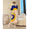Anmrem Tie Flower Design Women's Pleated Dress O-neck Long Sleeve Colorblock Patchwork Chic Beading Loose Famale Clothes 2DB5753