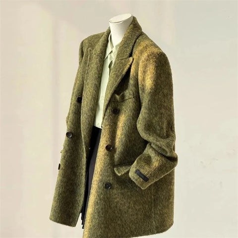 Women's Double-faced Woolen Coat Spring Autumn Suit Collar Double Breasted Long Sleeve Temperament Commuting Purple Jacket