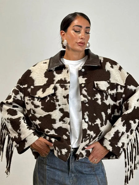 Women Cow Print Tassel Short Coat Casual Long Sleeve Lapel V-neck Single Breasted Jacket Lady Spring Autumn Outwear