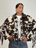 Women Cow Print Tassel Short Coat Casual Long Sleeve Lapel V-neck Single Breasted Jacket Lady Spring Autumn Outwear
