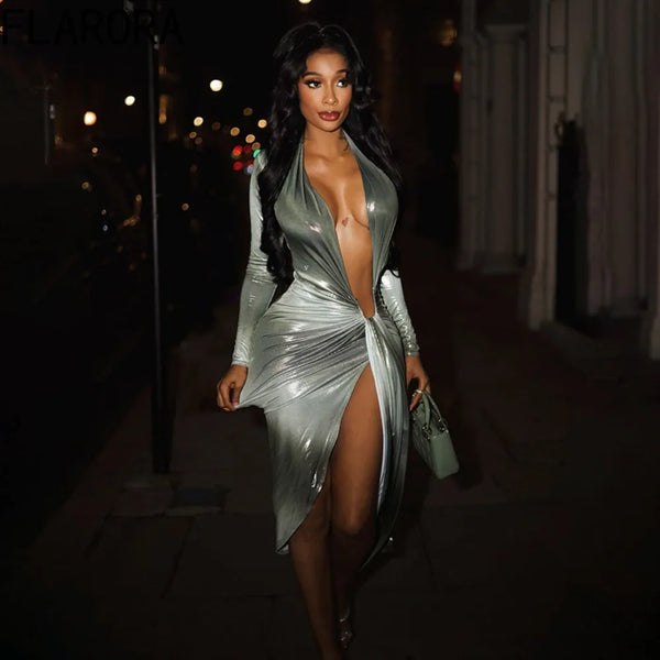 Sexy Gradient Color Irregular Ribbon Dresses Woman Deep V Long Sleeve Shirring Bodycon Dress Elegant Party Clubwear