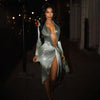 Sexy Gradient Color Irregular Ribbon Dresses Woman Deep V Long Sleeve Shirring Bodycon Dress Elegant Party Clubwear