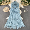 Retro Elegant V-neck ruffle lace-up pleated long sleeve A-line Casual High Waist Dress Women Autumn Dress