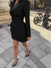 Solid Cinched-waist Mini Dress Women Casual V-neck Full Sleeve Shoulder Pads A-line Vestidos Lady Chic Party Street Gowns