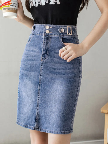 Autumn Plus Size Skirt For Women High Waist Large Size Slit Black Or Blue Jeans Skirts Korean Slim Jupe Femme