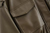 Winter Faux Leather Bomber Jacket Women Short Zipper Front Lapel Outerwear Multiple Pockets Warm Jackets