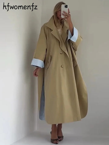 Street Women's Long Trench Coats Loose Stand Collar Single Breasted Full Sleeve Slit Windbreaker Autumn Lady Commute Jacket