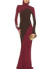 Contrast Patchwork Dress Woman Classic Ruched Turtleneck Full Sleeve Skinny Stretch Casual Elegant Vestidos