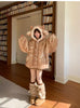 Autumn Winter Thick Warm Sweet Cute Lace Patchwork Faux Fur Coat Hoodie Women with Deer Ears Horn Buttons Fluffy Jacket