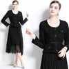 Elegant Women U Collar Long Sleeve Pleated Midi Dress Runway Spring Tweed Patchwork Chiffon Lace Trims Belt Party Vestidos